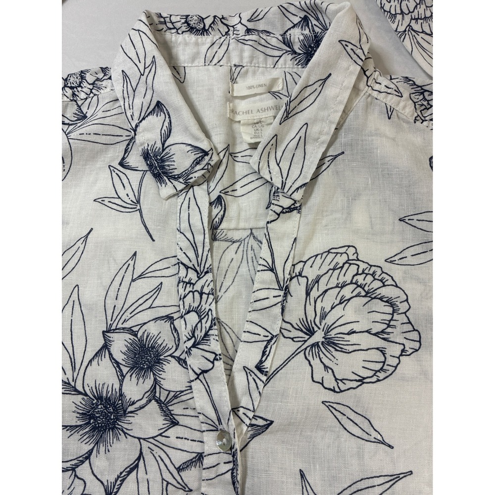 Rachel Ashwell Womens Large Linen Button Down Shirt Floral Botanical Navy White - Picture 5 of 11